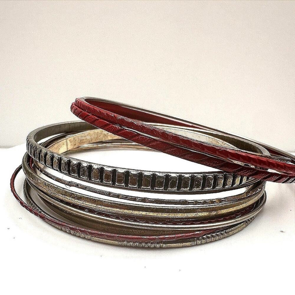 Vintage 90s Mixed Metal Stackable Textured Bangle Set Boho Women's Jewelry Y2K
